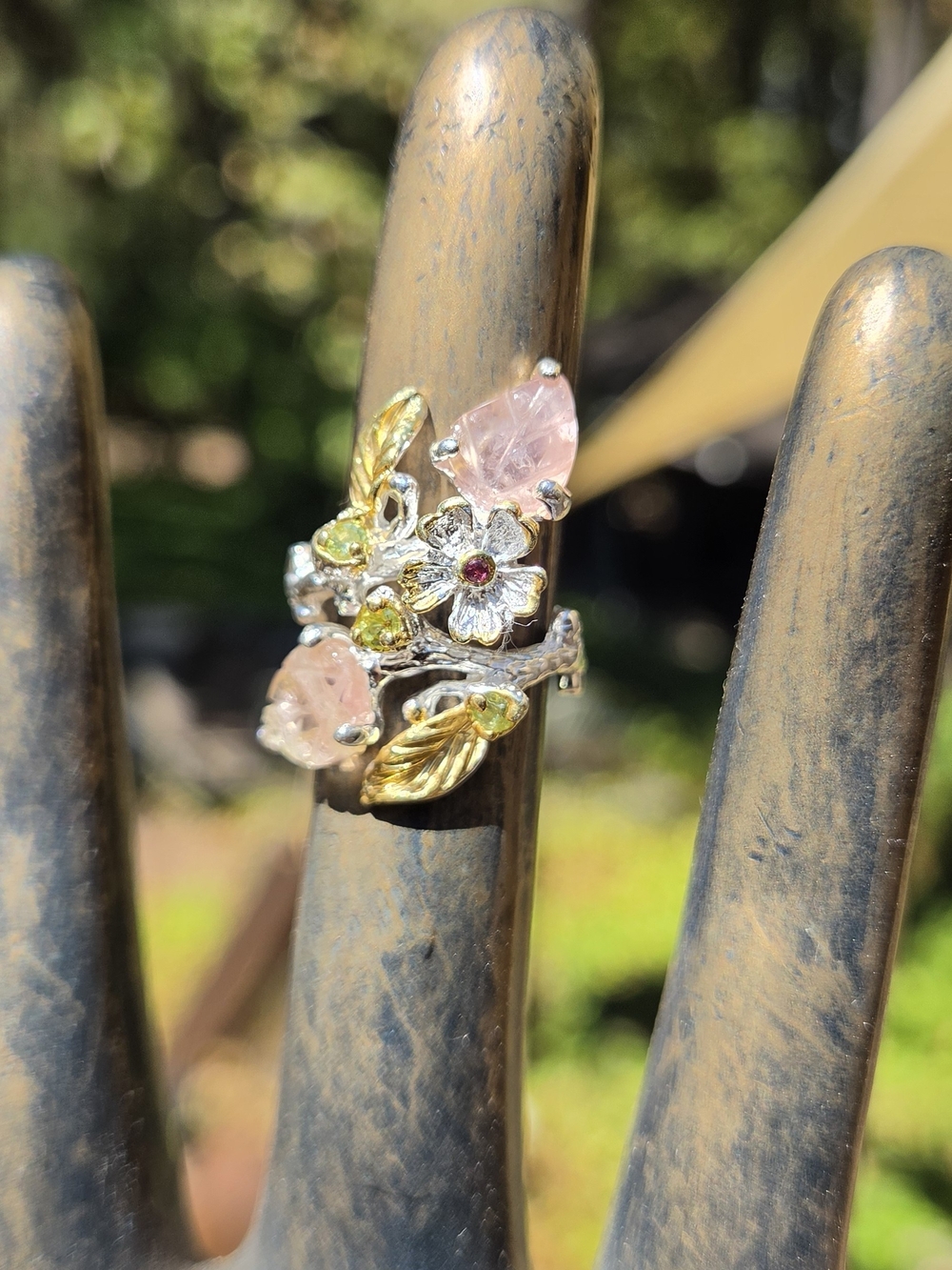 Pink Tourmaline Peridot & Garnet Sterling & Gold Finger Cuff Sz6 - Picture 8 of 11
